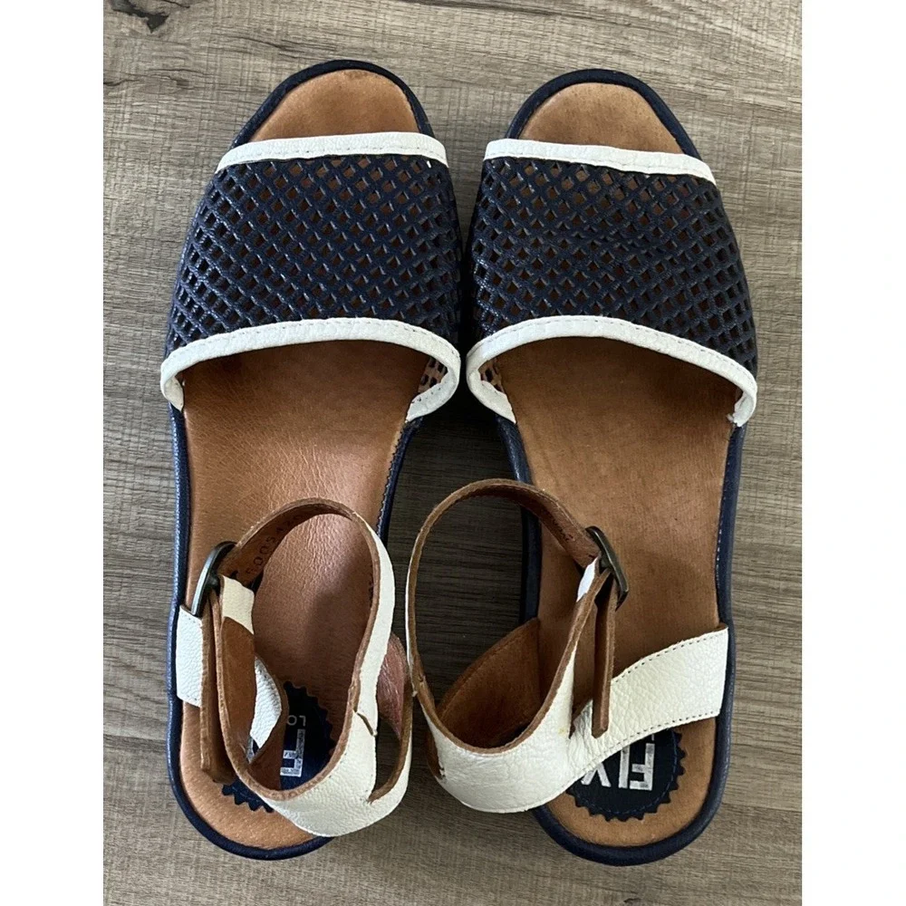 FLY LONDON Navy & White Mesh Front Leather Platform Wedge Sandals SIZE 9-9.5/40